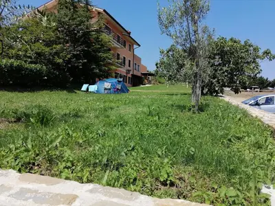 a field of grass with a tree and a building at Camping Jakomin in Koper