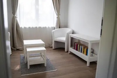 a small room with a chair and a book shelf at 9b-The Resort in Sežana
