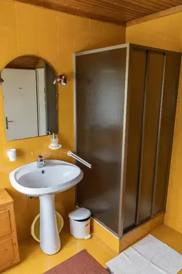 a bathroom with a sink and a shower at APARTMA JANŠA in Bled
