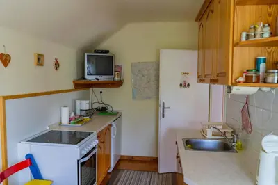 a small kitchen with a sink and a microwave at APARTMA JANŠA in Bled
