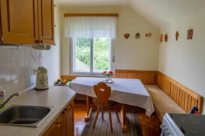 a kitchen with a table and a sink and a window at APARTMA JANŠA in Bled