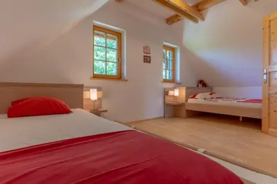 a bedroom with two beds and two windows at Chalet Haloze in Pristava