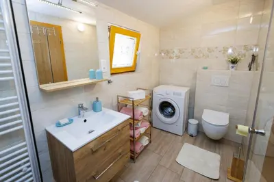 a bathroom with a sink and a washing machine at Počitniška hiša ErOs in Bohinj