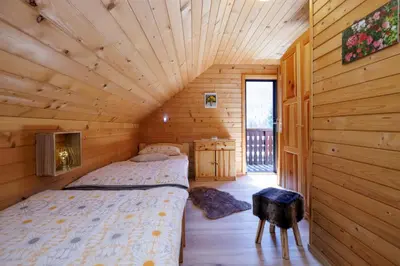 a bedroom with two beds in a log cabin at Počitniška hiša ErOs in Bohinj