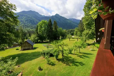 an aerial view of a green field with a barn at Počitniška hiša ErOs in Bohinj