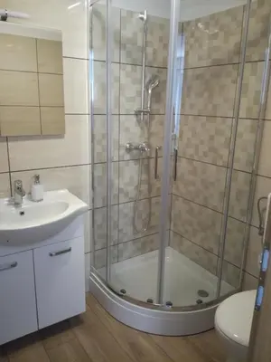 a bathroom with a shower and a sink at Apartma Kambrca in Drežnica