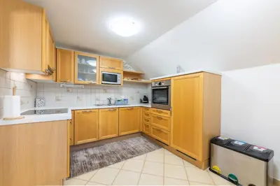 a small kitchen with wooden cabinets and a refrigerator at Apartment Eli in Kranjska Gora