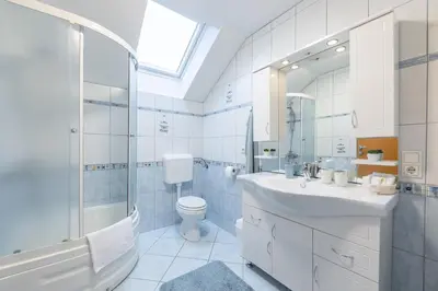 a bathroom with a sink and a shower and a toilet at Apartment Eli in Kranjska Gora