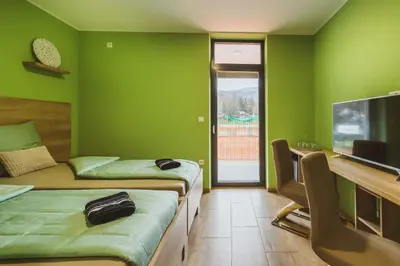 a green room with two beds and a flat screen tv at Center Vintgar in Slovenska Bistrica