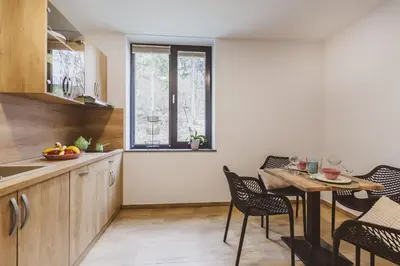a kitchen with a table and chairs and a window at Center Vintgar in Slovenska Bistrica