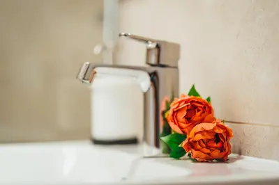 a flower sitting on a bathroom counter next to a sink at Apartment Via Mons in Kranjska Gora