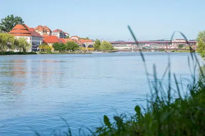 a view of a river with buildings and a bridge at Fani&Rozi B&B in Maribor