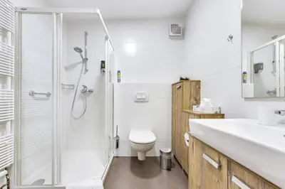 a bathroom with a shower and a toilet and a sink at J&M Holiday Home Moravske Toplice in Moravske Toplice