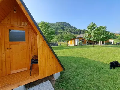 a dog is standing next to a wooden house at GLAMPING HIŠKe PETRIN in Tolmin
