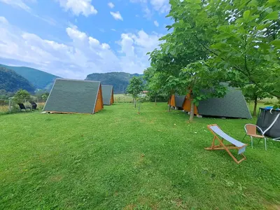 a group of tents in a field with a tree at GLAMPING HIŠKe PETRIN in Tolmin