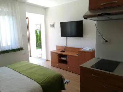 a bedroom with a bed and a flat screen tv at Prenočišča Iris in Sežana
