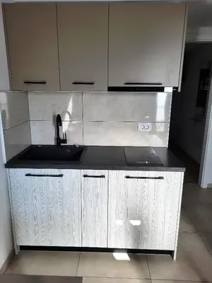 a kitchen with a sink and wooden cabinets at Prenočišča Iris in Sežana