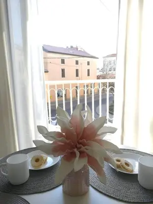 a table with two plates of food and a flower at Apartments B&M in Sežana