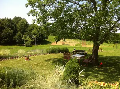 a table and chairs under a tree in a field at Hostel Strug in Makole