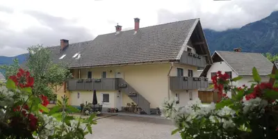 a house with a roof with mountains in the background at Alpine Joy Apartments in Bohinj