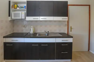 a kitchen with black cabinets and a sink at Apartments Pr Fajfarju in Bled