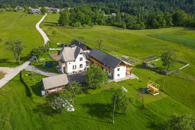 an aerial view of a large house in a field at Apartments Pr Fajfarju in Bled
