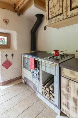 a kitchen with a stove top oven in a room at Lizina hiška House Bohinj in Bohinjska Bistrica
