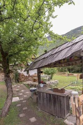 a wooden shelter with a tree in a yard at Lizina hiška House Bohinj in Bohinjska Bistrica