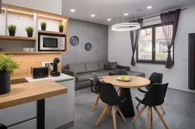 a kitchen and living room with a table and chairs at Vila Emona - Central Apartments - Free Parking in Ljubljana