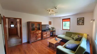 a living room with a couch and a tv at Apartma Majda in Kranjska Gora
