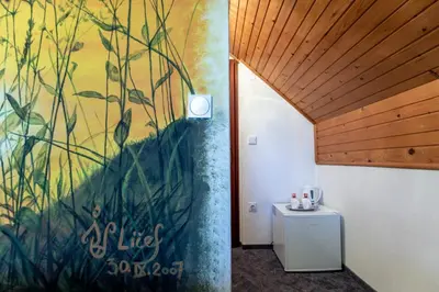 a bathroom with a wall with a painting on the wall at Sobe Ličef in Bohinj