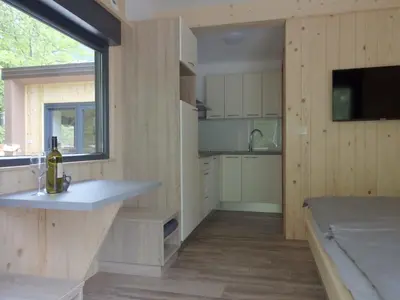 a kitchen with wooden walls and a large window at Počitniški hišici - Small holiday houses in Ajdovščina