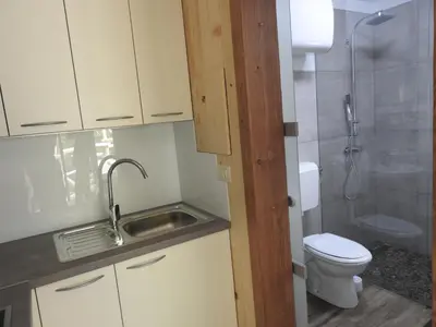 a bathroom with a toilet and a sink and a shower at Počitniški hišici - Small holiday houses in Ajdovščina