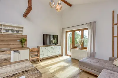 a living room with a couch and a tv at Bajsova domačija in Podčetrtek