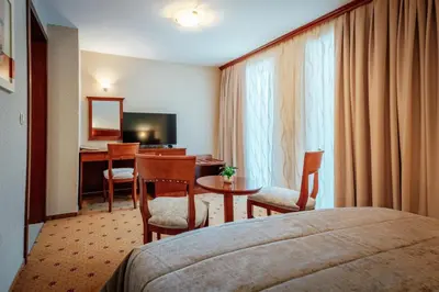 a hotel room with a bed and a table and a desk at Kala B&B in Kranjska Gora