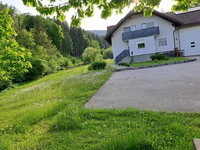 a house with a driveway next to a grass field at Apartma Juteršek in Libeliče