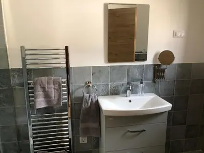 a bathroom with a sink and a mirror at Hiša MIHA Stunning Spacious House & Apartment Podkoren Kranjska Gora in Kranjska Gora
