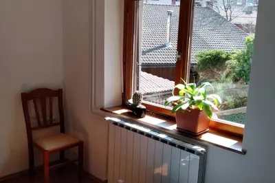 a window with a plant and a chair in a room at ZRM center in Idrija