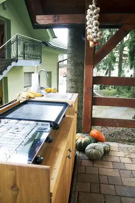 a kitchen with a sink and a counter with pumpkins at Apartma Pegaz in Rogaška Slatina