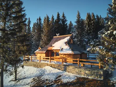 a log cabin in the woods in the snow at Luxury Alpine Chalet & Sauna Pinja - Velika Planina - I FEEL ALPS in Stahovica