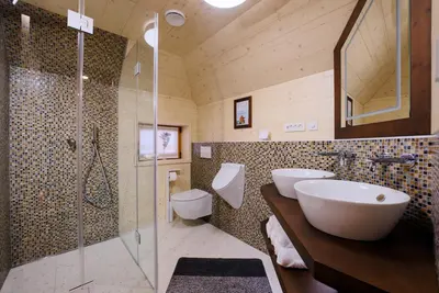 a bathroom with a sink and a glass shower at Luxury Alpine Chalet & Sauna Pinja - Velika Planina - I FEEL ALPS in Stahovica