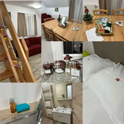 a collage of photos of a living room and a bedroom at Apartments Janko in Bled