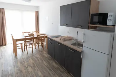 a kitchen with a refrigerator and a table with chairs at Apartments Janko in Bled