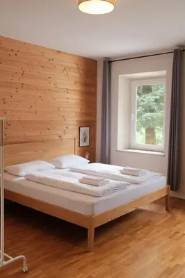 a large bed in a room with a window at Gorska Roža in Log pod Mangartom