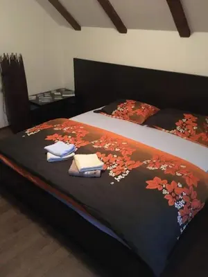 a bed with a black blanket with flowers on it at Apartmaji Velikonja in Ajdovščina