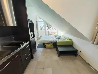 a small room with a bed and a small kitchen at Apartment Klara in Kranjska Gora