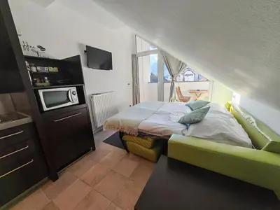 a small bedroom with a bed and a tv at Apartment Klara in Kranjska Gora