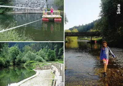 a collage of three pictures of a girl walking in the water at Country House Pri Lipet Žiri in Žiri