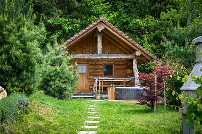 a log cabin in the middle of a yard at Hut at the forest in Male Brusnice
