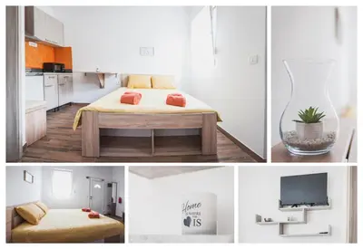 a collage of photos of a room with a bed and a tv at Apartmaji Hrast - Podbela in Podbela